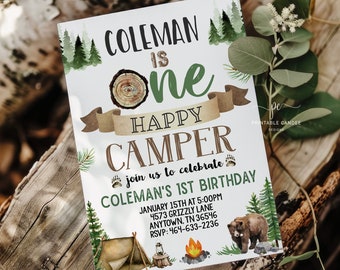 Invitación de cumpleaños de camping One Happy Camper Smores Woodland Sin foto Oso 1er archivo editable imprimible OHPNT