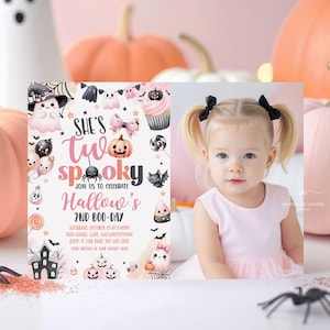 Editable Pink Halloween 2nd Birthday Invite Girl Ghost Invitation Two Spooky Party Theme Photo Template Printable PGSTN