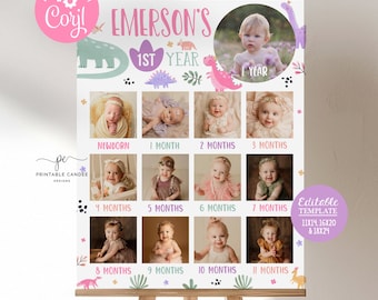 May include: A printable baby milestone chart with a dinosaur theme. The chart features a pink and green color scheme with a photo collage of a baby girl from newborn to 1 year old. The chart is titled "Emerson's 1st Year" and includes the text "Editable Template 11x14, 16x20 & 18x24".