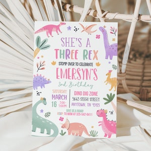 Pastel Dinosaur Birthday Invitation Girl Three Rex Party Editable Invite Cute Dino Pink Template Printable DG24 image 4