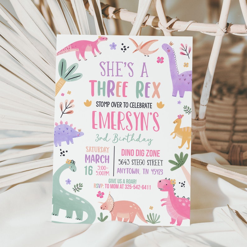 Pastel Dinosaur Birthday Invitation Girl Three Rex Party Editable Invite Cute Dino Pink Template Printable DG24 image 4