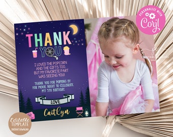 May include: Purple thank you card with a movie theme. The card has a film reel, popcorn, and a drink. The text says "Thank You" in colorful letters. The card also has a photo of a young girl in a pink tutu.