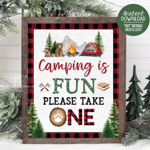 Camping Favor Sign Party Decor Red Lumberjack One happy Camper Signs Bear Birthday Party Printables Instant Download