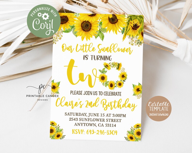 Sunflower 2nd Birthday Invitation Floral Party Invite Summer Sunflowers Yellow Rustic Theme Instant download Template