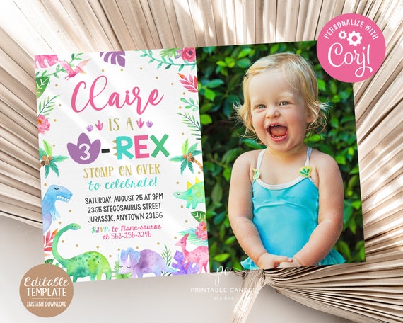 Editable Dinosaur Invitation T-Rex Girl Dino Birthday Invite Template Pink Dinosaur Party Any Age Photo Digital DGGPT