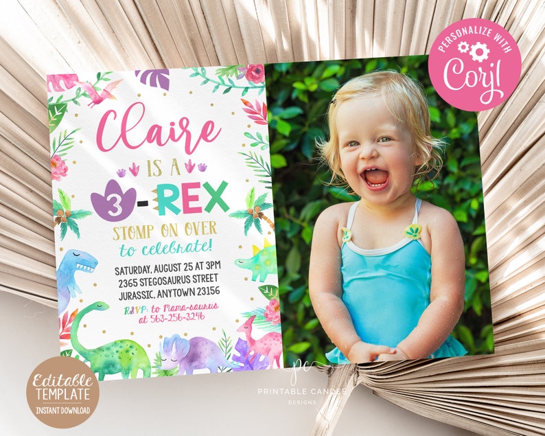 May include: A printable dinosaur-themed birthday invitation for a 3-year-old girl named Claire. The invitation features a watercolor illustration of dinosaurs, palm trees, and tropical leaves. The text reads "Claire is a 3-Rex Stomp on over to celebrate!" with details for the party, including the date, time, address, and RSVP information.