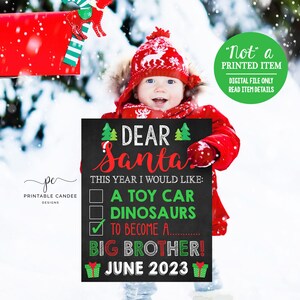 Anuncio de embarazo navideño Carta de Querido Papá Noel para hermano o hermana mayor Pizarra Letrero imprimible Digital