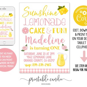 Lemonade Birthday Invitation Summer 1st Birthday Theme Invite Instant Download Editable File Printable DIY File