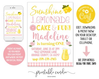 May include: A printable invitation for a lemonade-themed birthday party. The invitation features a yellow and pink color scheme with lemons, a pitcher of lemonade, and the text "Sunshine Lemonade Cake & Fun! Madeline is turning one." The invitation also includes the date, time, and location of the party.