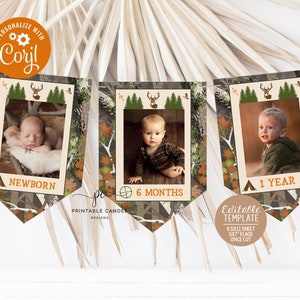 Editable Hunting First Birthday Banner Birthday Deer Camo Party Decor Monthly Photo Flags Template Printable