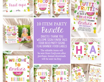 May include: A 10-item party bundle for a fruit-themed birthday party. The bundle includes an invitation, thank you card, welcome sign, favor tags, four 8x10 party signs, a flag banner, and food labels. The theme is "Tutti Frutti" and features a watermelon, pineapple, and strawberry design.