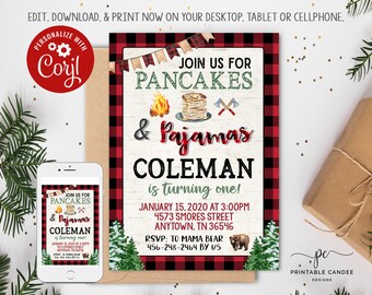 May include: A red and black plaid invitation for a birthday party. The invitation says "Join us for Pancakes & Pajamas Coleman is turning one!" with a date and time of January 15, 2020 at 3:00 PM. The invitation also includes an address and RSVP information.
