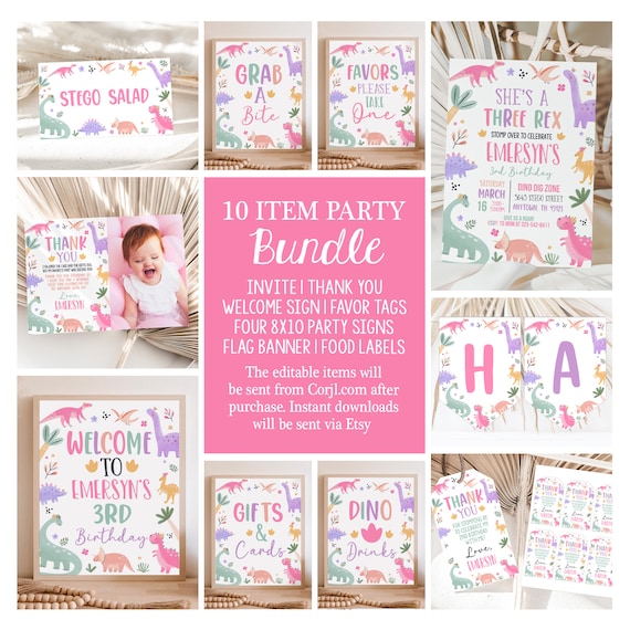 Editable Pastel Dinosaur Party Bundle Girl Dino Theme Birthday Decor Pink Dinos Invite Signs Favors Printable Templates DG24