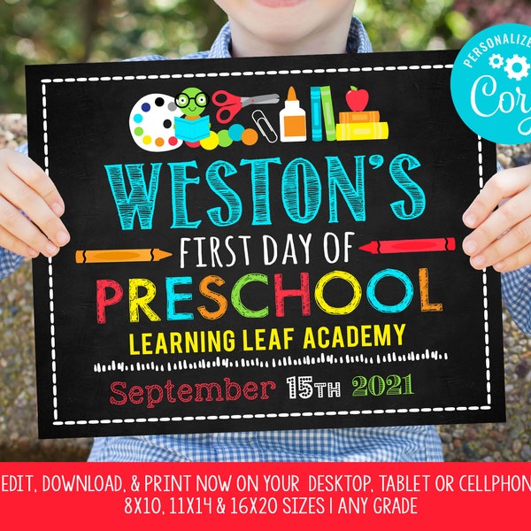 First Day Of Preschool Sign 1st Day of Kindergarten Boy Back to School Last DayChalkboard Any Grade Printable Editable