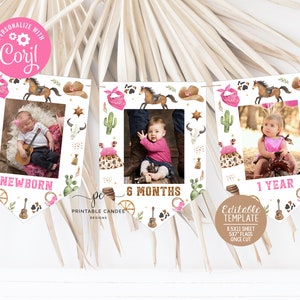 Foto mensili modificabili di Cowgirl Banner bandiera 1° compleanno di Rodeo Tema Bandiere del partito del selvaggio West Stampabili di decorazioni rosa Ranch Download immediato