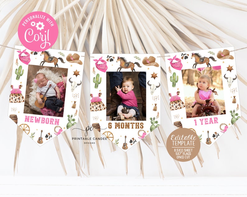 May include: A printable banner with three pink and white flags featuring a photo frame with a baby girl in each frame. The flags are decorated with a western theme and include the words "Newborn", "6 Months", and "1 Year".