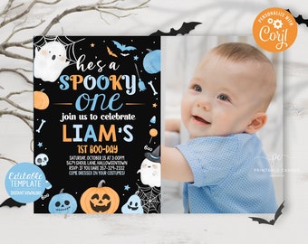 Editable Halloween Blue Ghost 1st Birthday Invite Boy Hey Boo Theme Spooktacular Invitation Template Instant Download Printable