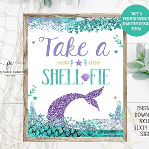 Mermaid Party Favor Sign Purple Teal Birthday Theme Shellfie Sign Mermaids Tail Decor Instant Download Printable