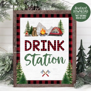 Camping Drink Sign Party Decor Red Lumberjack One happy Camper Signs Birthday Party Printables Instant Download