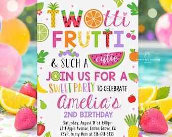 TWOtti Frutti 2nd Birthday Invitation Twotti fruity Tropical Summer Invite Template Fruit Party Editable TFWT