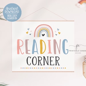 Reading Corner Sign Printable Neutral Rainbow Bedroom Decor Homeschool Reading Corner Poster Playroom Reading Nook Instant Download