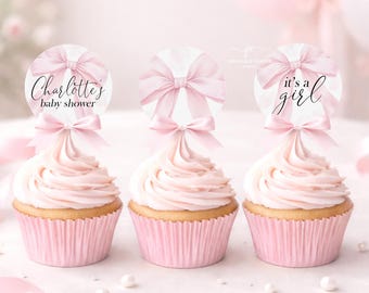 Pink Bow Baby Shower Cupcake Toppers Template Coquette Girl Bow Party Theme