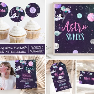 May include: A set of printable party decorations for a space-themed birthday party. The decorations feature a purple and blue galaxy background with stars, planets, and an astronaut. The text on the decorations includes "Astro Snacks", "Moon Cakes", "Thank You", and "Luna".