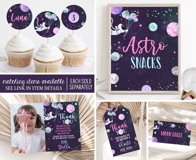 May include: A set of printable party decorations for a space-themed birthday party. The decorations feature a purple and blue galaxy background with stars, planets, and an astronaut. The text on the decorations includes "Astro Snacks", "Moon Cakes", "Thank You", and "Luna".