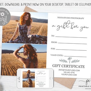 Modèle de certificat-cadeau de photographie Carte-cadeau de photographe Cartes-cadeaux de séance photo neutre Modifier avec Corjl