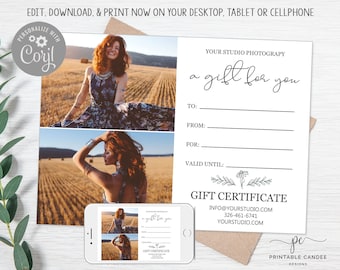 Photography Gift Certificate Template Photographer Gift Card Neutral Photo Session Gift Cards Edit with Corjl