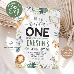 Editable Safari Birthday Invitation Wild One Boy Invite 1st Birthday Jungle Animal Party Template Digital download