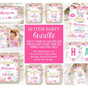 Editable Spa Birthday Party Bundle Girl Makeup Party Theme Invite Signs Favors Printable Templates Gold Pink Instant Download Printable