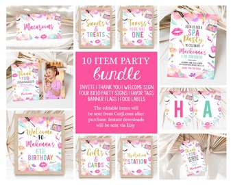 May include: A printable party bundle for a spa-themed birthday party. The bundle includes a welcome sign, thank you cards, favor tags, food labels, and a banner. The design features a pink and blue watercolor background with makeup and beauty products.