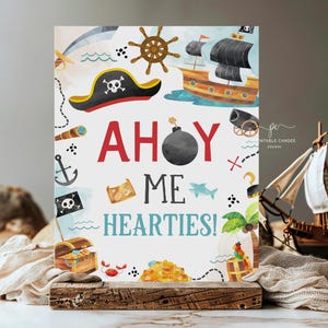 Pirate Birthday Ahoy Me Hearties Sign Matey Theme Pirates Party Activity Decor Printable PBMI