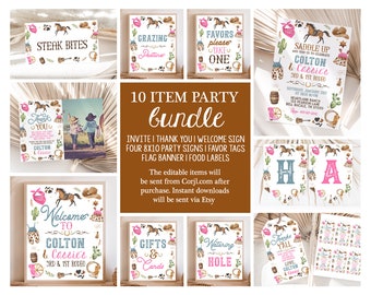 May include: A printable party bundle for a Western-themed birthday party. The bundle includes an invitation, thank you card, welcome sign, four 8x10 party signs, favor tags, a flag banner, and food labels. The design features a watercolor illustration of a horse, cowboy hats, boots, and other Western-themed elements. The colors are pink, blue, green, and brown.