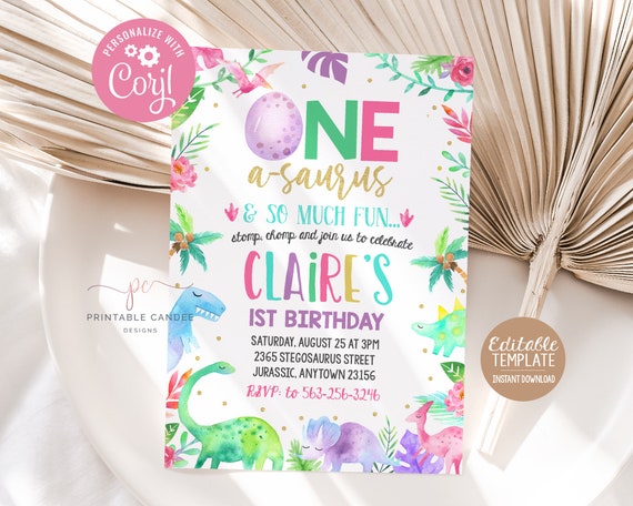 Dinosaur 1st Birthday Invitation Editable Girl Dino Invite Pink Dinosaur Party Turning One Digital DGGPT