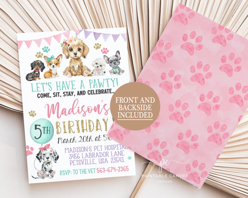 Editable Girl Puppy Birthday Invite Pink Dog Party Invitation Template ...