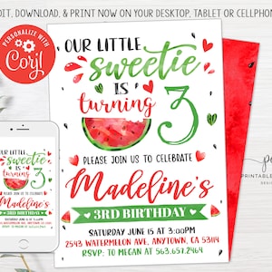 Watermelon Invitation Any Age Birthday invite Birthday Watermelon Party Summer Instant download Template