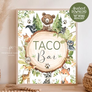 Woodland Baby Shower Taco Bar Sign Boy Forest Animals Theme Decor Greenery Wood Table Food Signs Imprimible Descarga instantánea