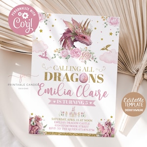 Mädchen-Drache-Geburtstags-Einladung bearbeitbare rosa Gold-Drachen-Party druckbare einladen Geburtstags-Thema Vorlage Sofort-Download