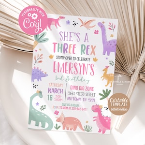 Pastel Dinosaur Birthday Invitation Girl Three Rex Party Editable Invite Cute Dino Pink Template Printable DG24
