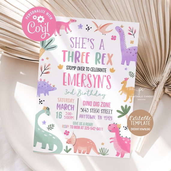 Pastel Dinosaur Birthday Invitation Girl Three Rex Party Editable Invite Cute Dino Pink Template Printable DG24