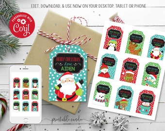 May include: Twelve printable Christmas gift tags with a green and red polka dot background. Each tag features a different festive character, including a penguin, reindeer, Santa, snowman, gingerbread man, owl, polar bear, squirrel, and a mug of hot chocolate. The text on each tag reads "Merry Christmas Love Aiden".