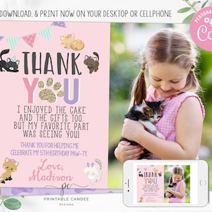 Meisje kat Bedankt bewerkbare Kitty verjaardag Instant Download Pet Party fotokaartsjabloon afdrukbaar