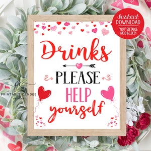Valentine Drink Sign Sweetheart Birthday Decor Heart Party Table Printables Cute Sweet Red Pink Valentine&#39;s Day CSVDT