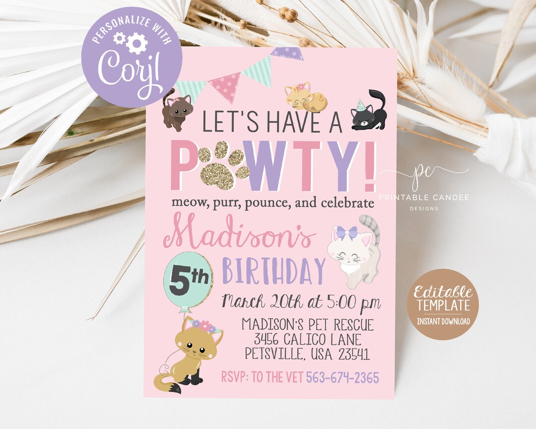 Girl Cat Invitation Editable Kitty Birthday Invitation Instant Download ...