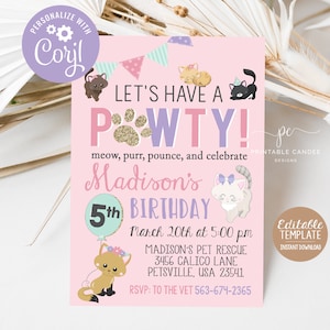 Girl Cat Invitation Editable Kitty Birthday Invitation Instant Download Pet Party Invite Template Printable