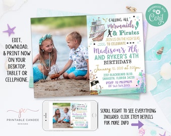 May include: A printable invitation for a mermaid and pirate themed birthday party. The invitation features a watercolour illustration of a ship with mermaids and pirates, and the text "Calling all mermaids & pirates. Join us on the high seas to celebrate Madison's 7th and Ryker's 4th birthdays. January 15, 2020 at 3:00pm. 2351 Blackbeard Blvd. Sarasota, Florida 34230. RSVP to Mermom at 567.364.2843."