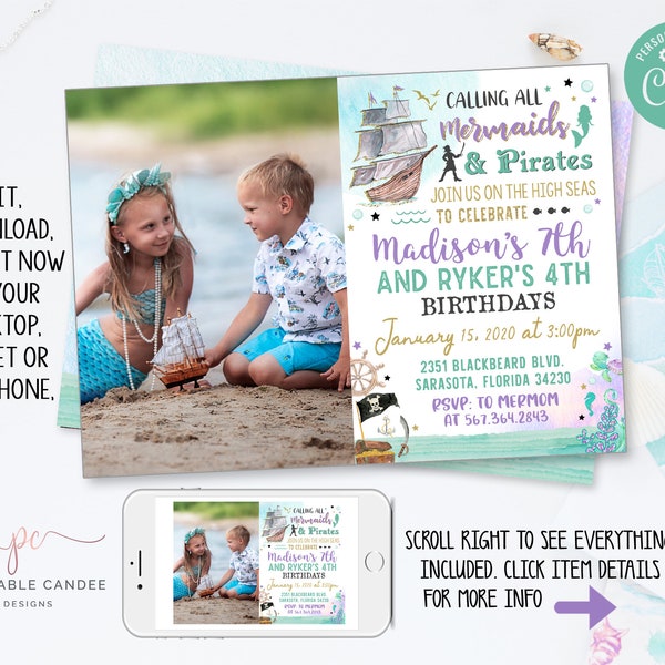 Mermaid and pirate Birthday Invitation Mermaids and Pirates Party Theme Girl Boy Sibling Instant Download Editable Template