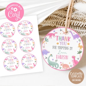 Pastell Dinosaurier Favor Tags Mädchen Dino Geburtstag Bearbeitbare Runde Party Favors Decor Template Cute Dino Pink Printable DG24